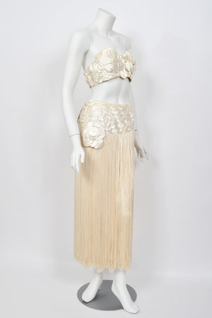 1950's Ivory Floral Appliqué Silk Bustier Crop Top & Matching Fringe Skirt Set