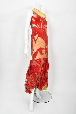 1991 John Galliano Documented Runway Red Flocked Velvet Asymmetric Bias-Cut Gown