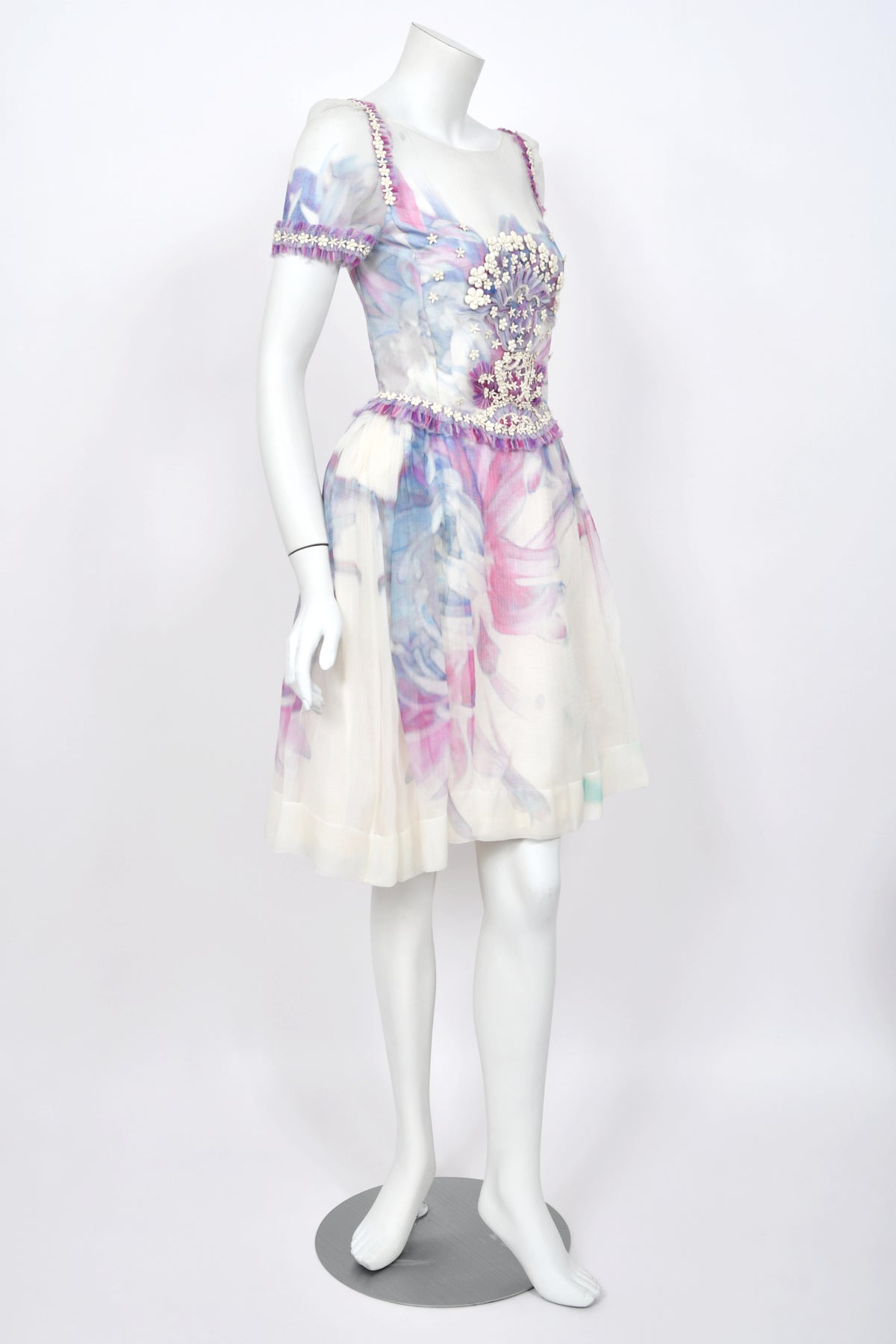 2013 Chanel by Karl Lagerfeld Cruise Collection Beaded Ivory Floral Silk Mini Dress w/Tags
