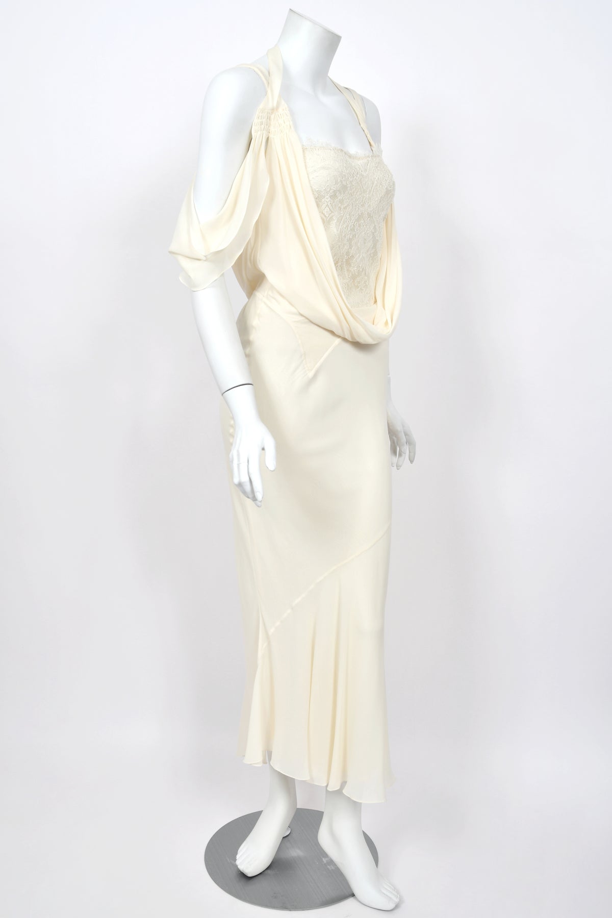 2005 John Galliano Ivory Sheer Silk Chiffon &amp; Chantilly Lace Draped Halter Bias-Cut Gown
