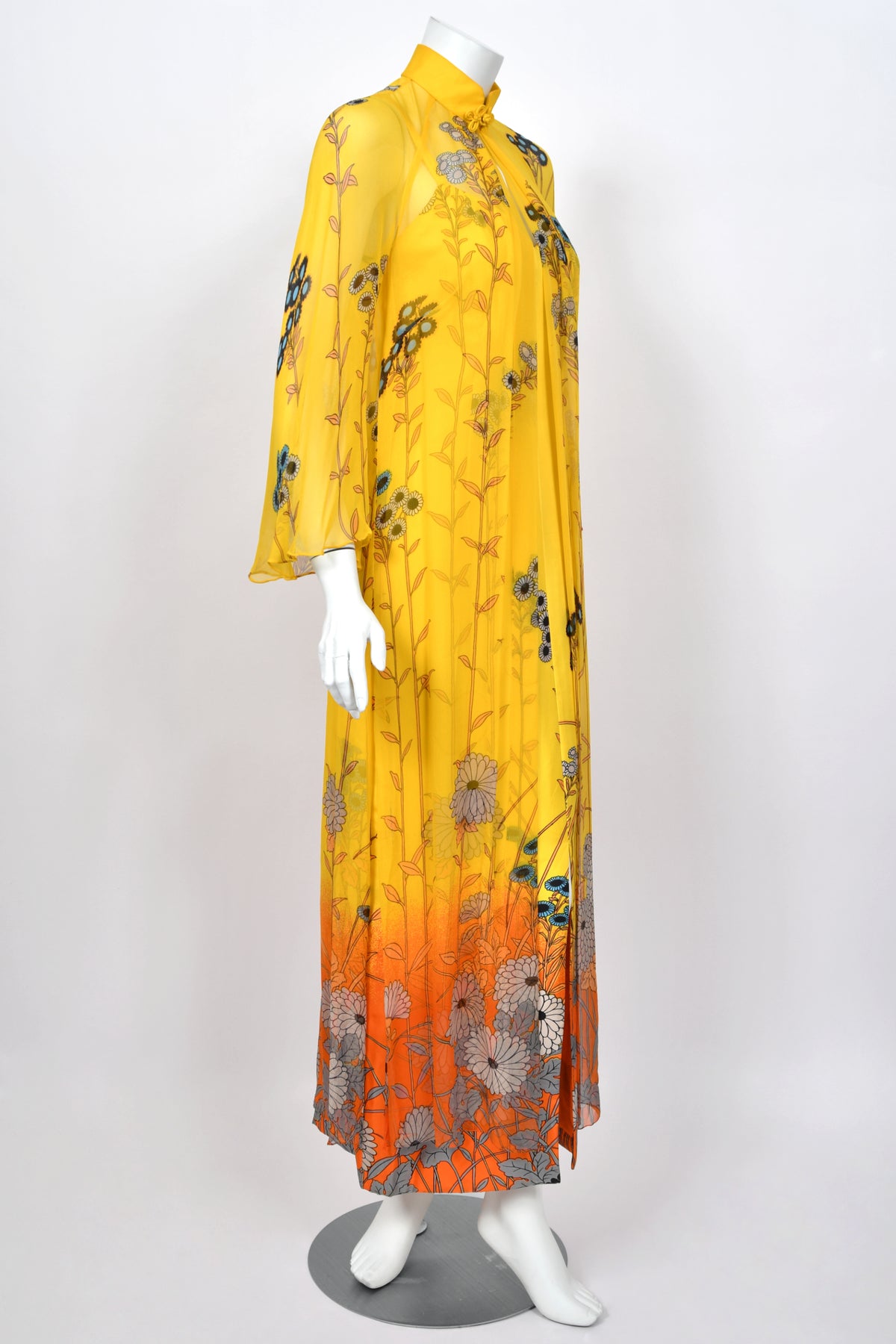 1972 Hanae Mori Couture Vogue Editorial Sunset Ombrè Floral Silk Gown & Matching Sheer Jacket