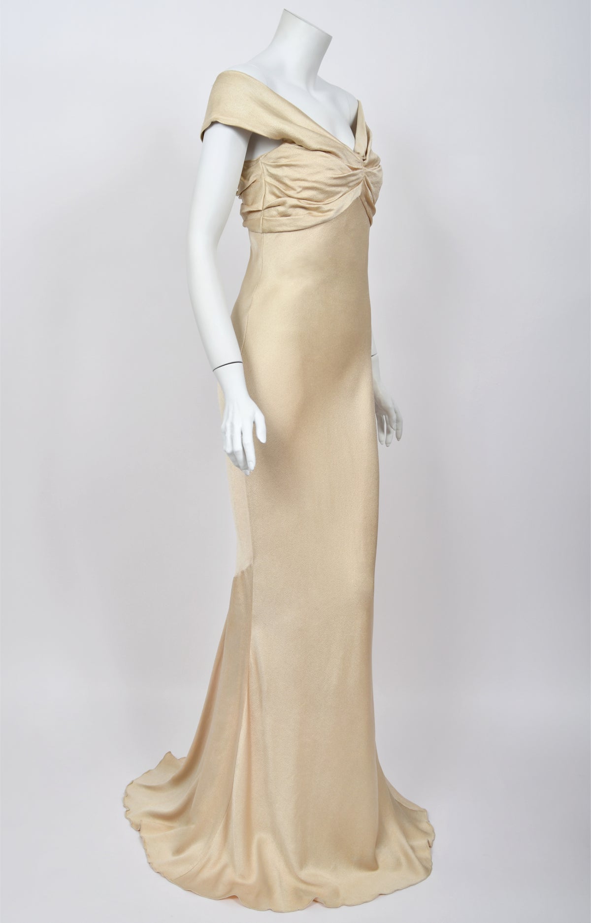 2007 John Galliano Champagne Silk Satin Off-Shoulder Bustier Bias-Cut Gown w/Tags