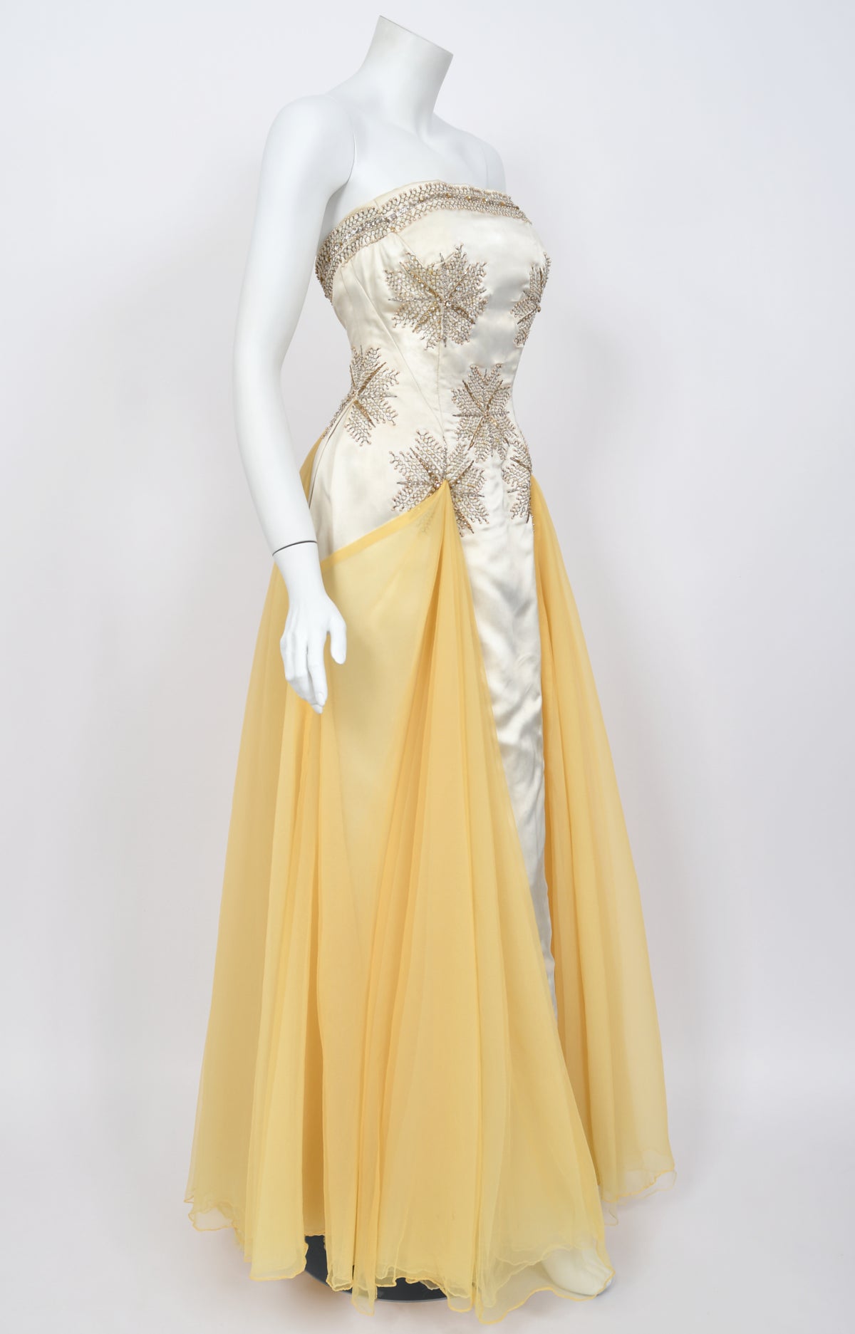 1950&#39;s French Couture Ivory Metallic Embroidered Beaded Silk Skirted Hourglass Gown