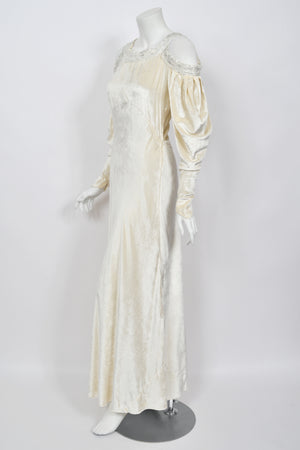 1930's Beaded Ivory Silk-Velvet Cut Out Shoulders Bias-Cut Old Hollywood Gown