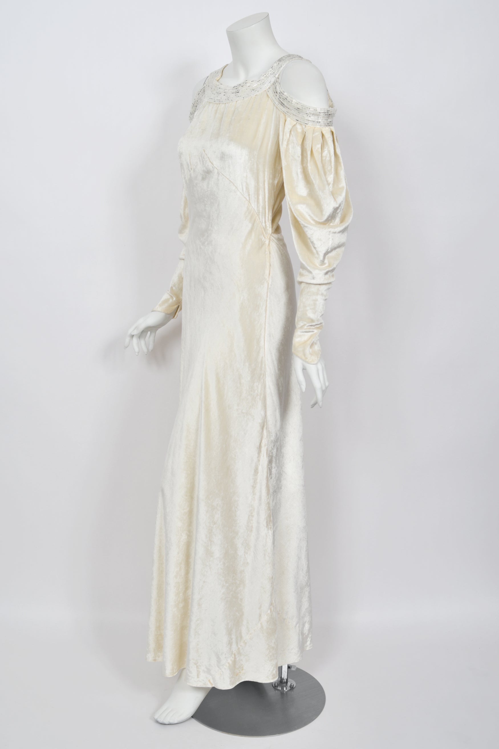 Vintage 1930's Beaded Ivory Silk-Velvet Cut Out Shoulders Bias-Cut Old Hollywood Gown Vintage 1930's Beaded Ivory Silk-Velvet Cut Out Shoulders Bias-Cut Old Hollywood Gown