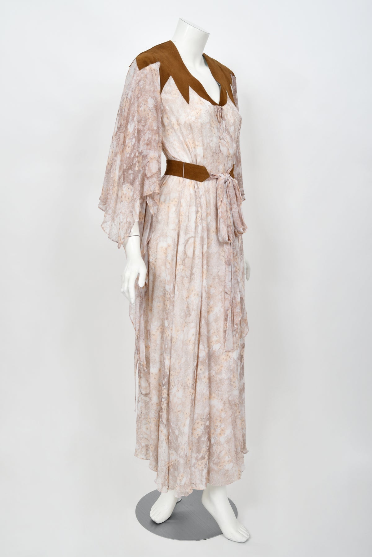 1971 Giorgio Sant&#39; Angelo Watercolor Chiffon &amp; Suede Angel-Sleeve Wrap Dress