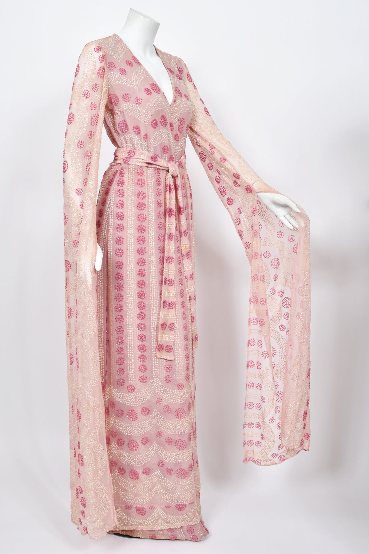 1974 Thea Porter Couture Sparkling Pink Glitter Silk Angel Sleeve Wrap Gown