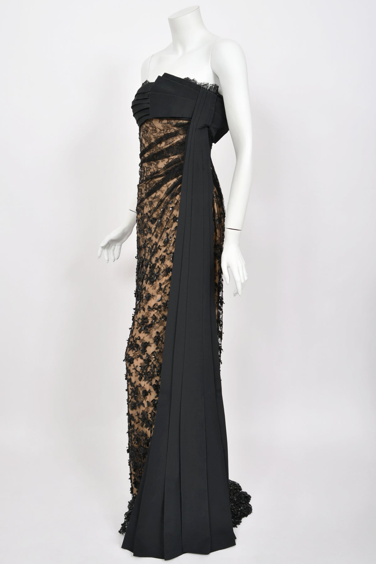 2009 Valentino Black Silk &amp; Beaded Sheer Illusion Lace Strapless Bustier Gown