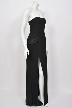1997 Christian Dior by John Galliano Black Silk Crepe Strapless High-Slit Gown