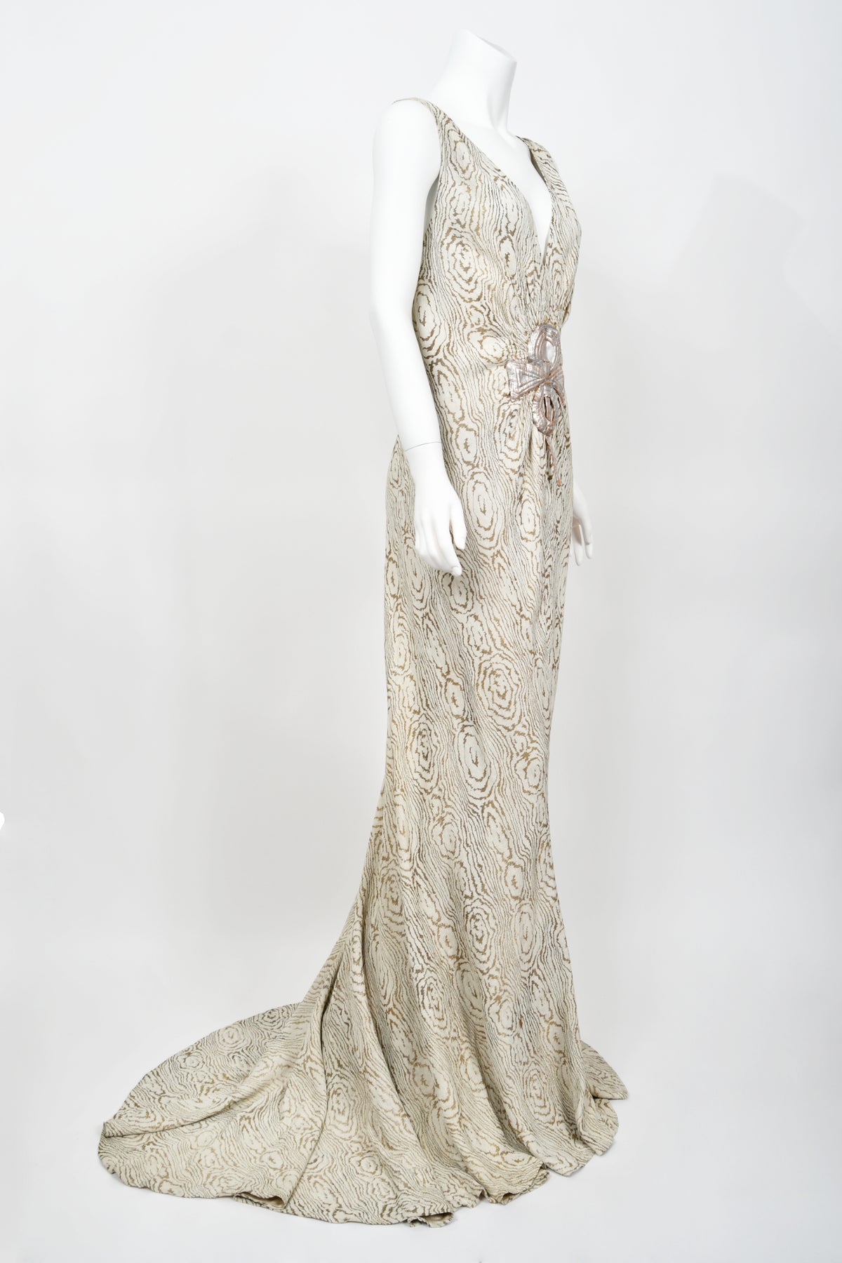 1930's Metallic Wood-Patterned Lamé Deco Appliqué Bias-Cut Trained Bridal Gown