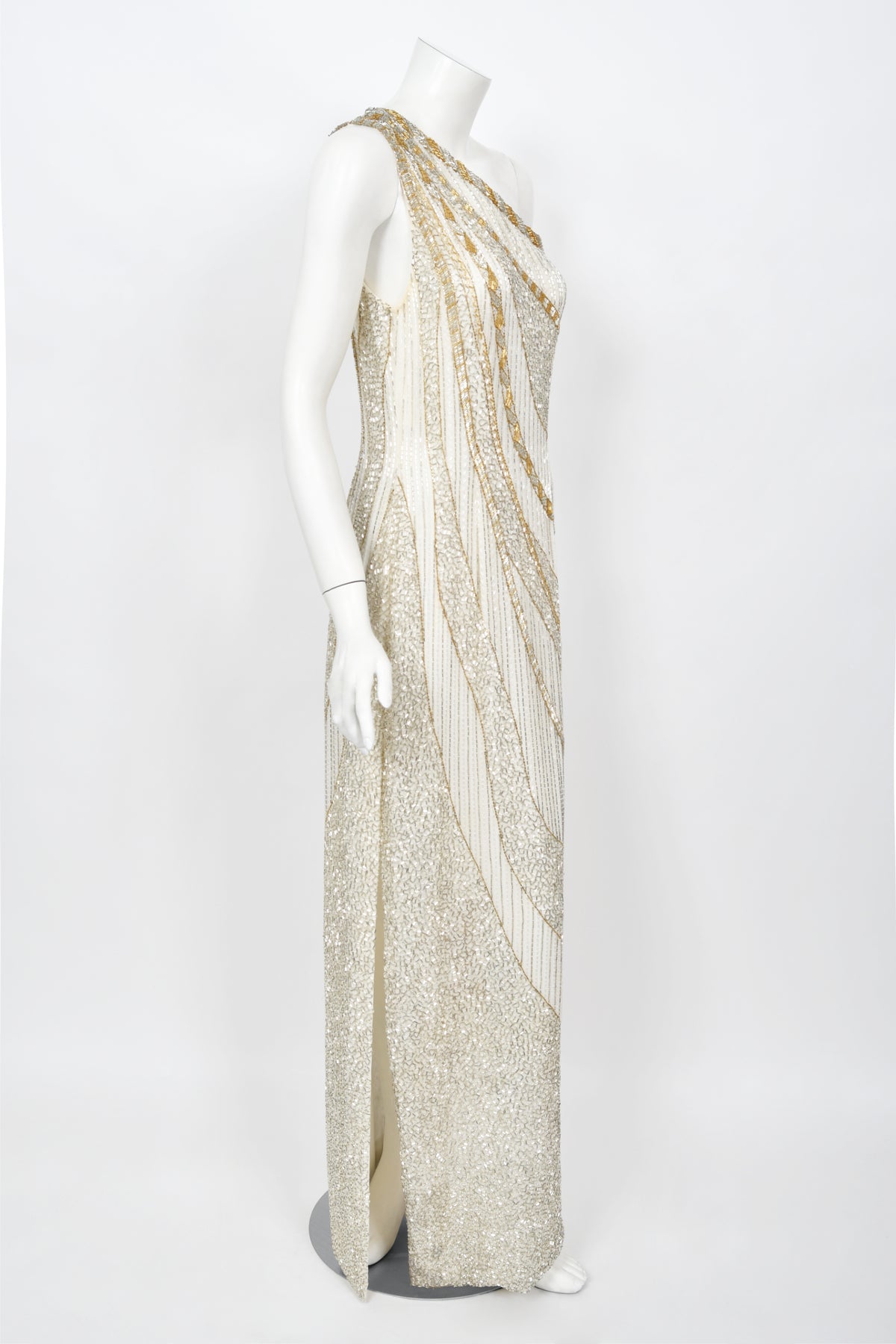 1984 Bob Mackie Couture Ivory Beaded Silk One-Shoulder Goddess Gown