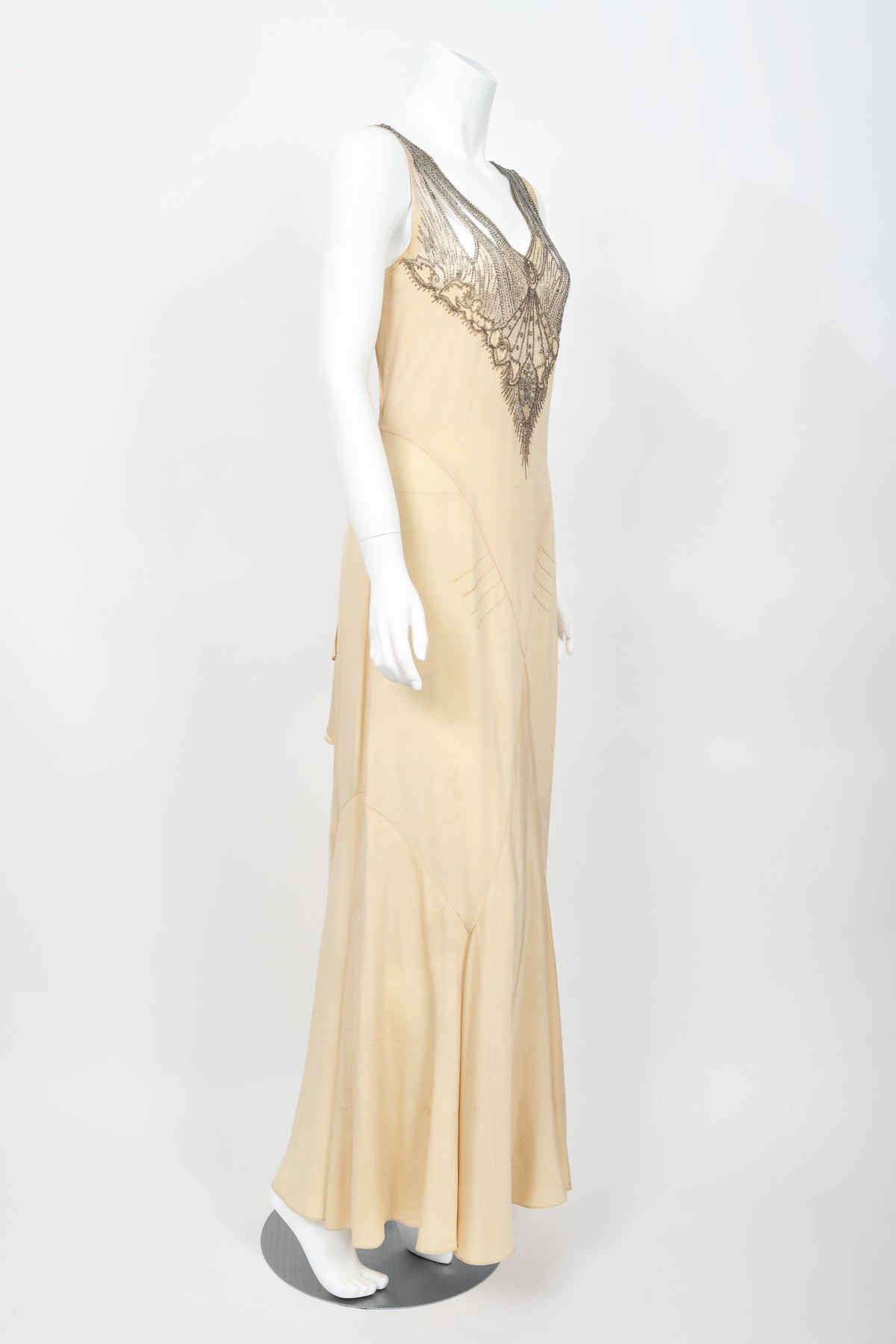 1930's French Ivory Creme Silk Beaded Sheer Illusion Deco Bias-Cut Bridal Gown