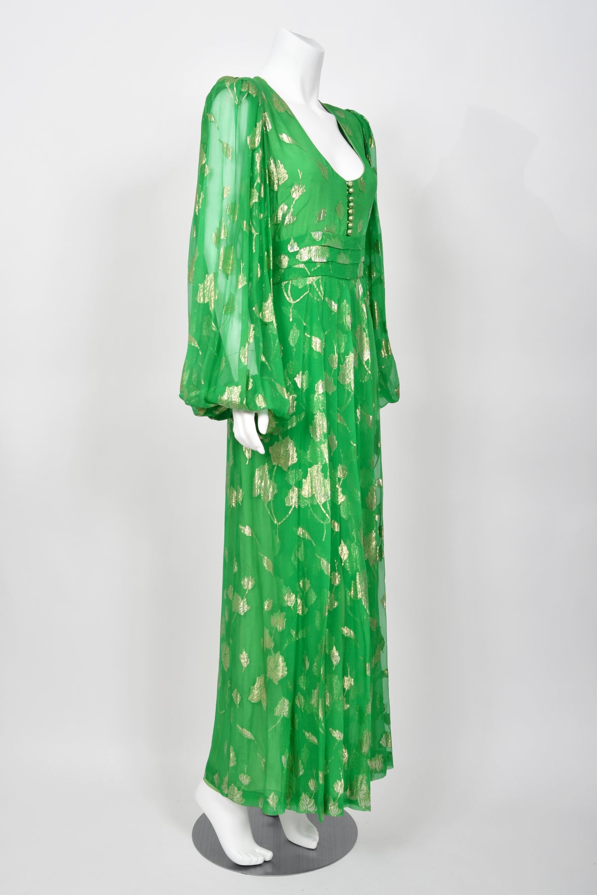 1974 Thea Porter Couture Metallic Green Sheer Silk Billow-Sleeve Maxi Dress