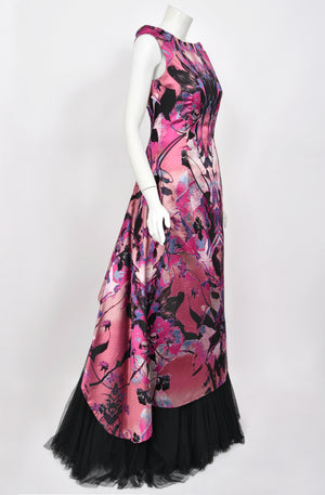 2010 Alexander McQueen Orchid Print Silk Jacquard & Tulle Asymmetric Bustle Gown