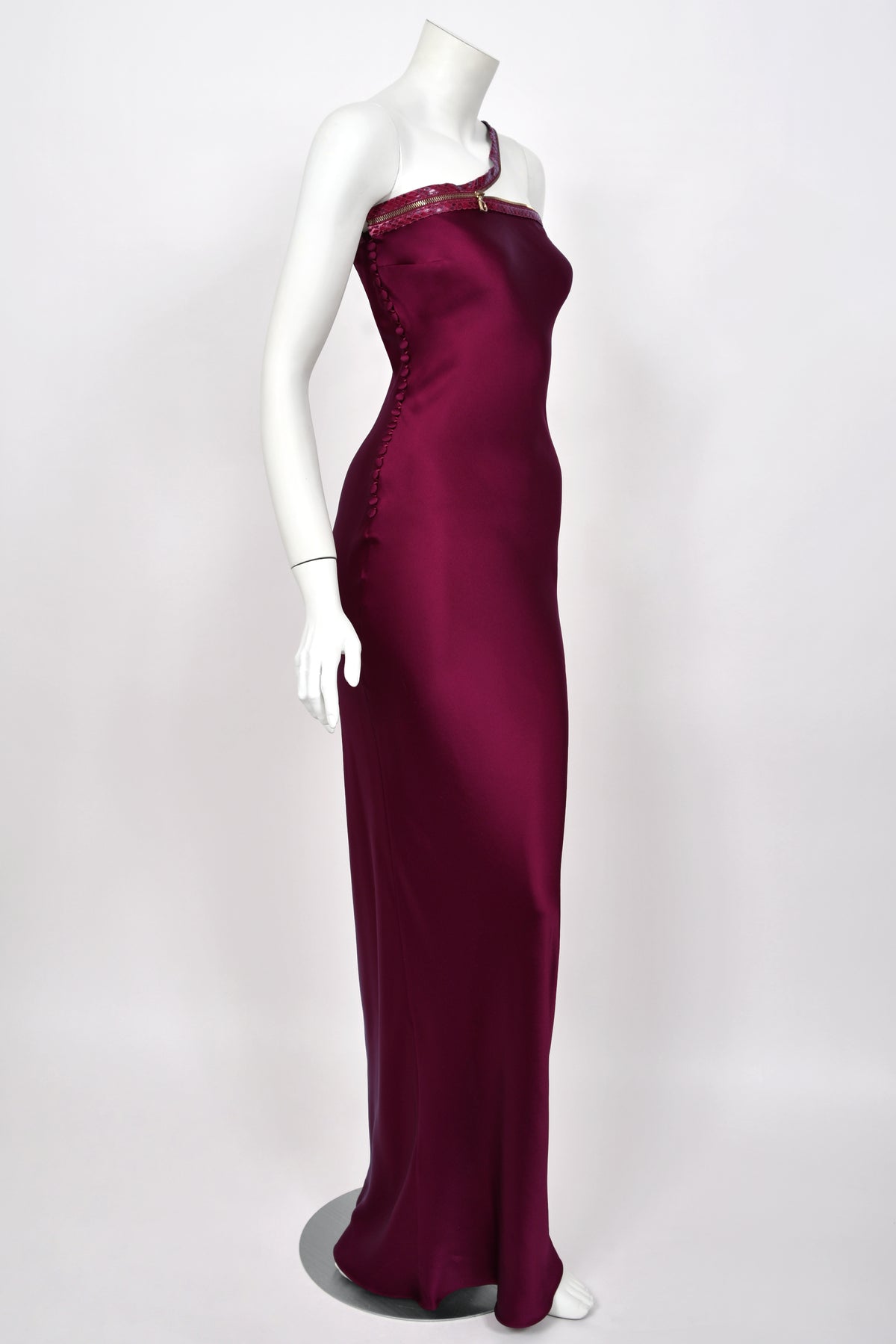 2001 Christian Dior by John Galliano Wine-Red Silk Snakeskin Zippers High Slit Bias-Cut Gown