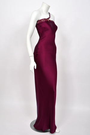 2001 Christian Dior by John Galliano Wine-Red Silk Snakeskin Zippers High Slit Bias-Cut Gown