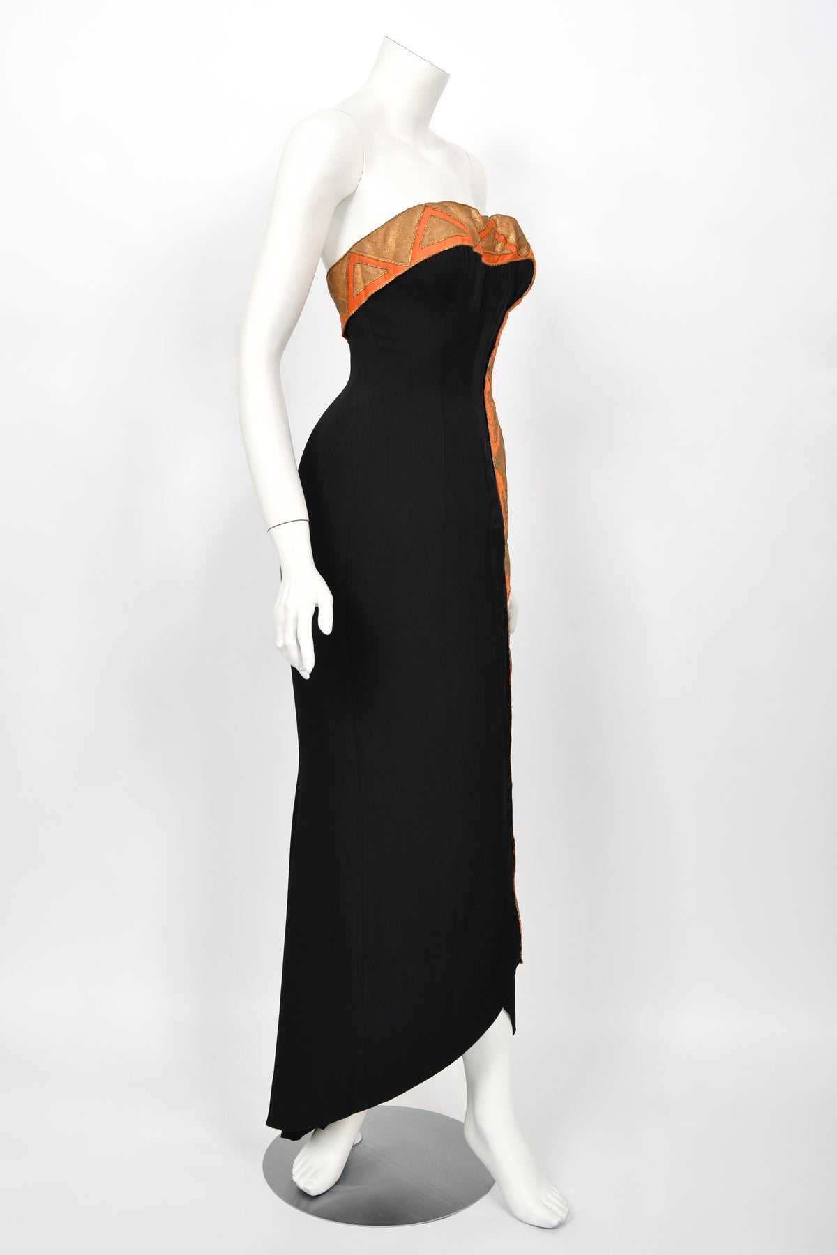 1950&#39;s Yma Sumac Custom Couture Black &amp; Orange Silk Hourglass Gown Ensemble