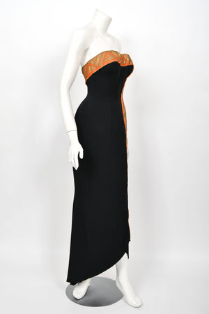 1950's Yma Sumac Custom Couture Black & Orange Silk Hourglass Gown Ensemble