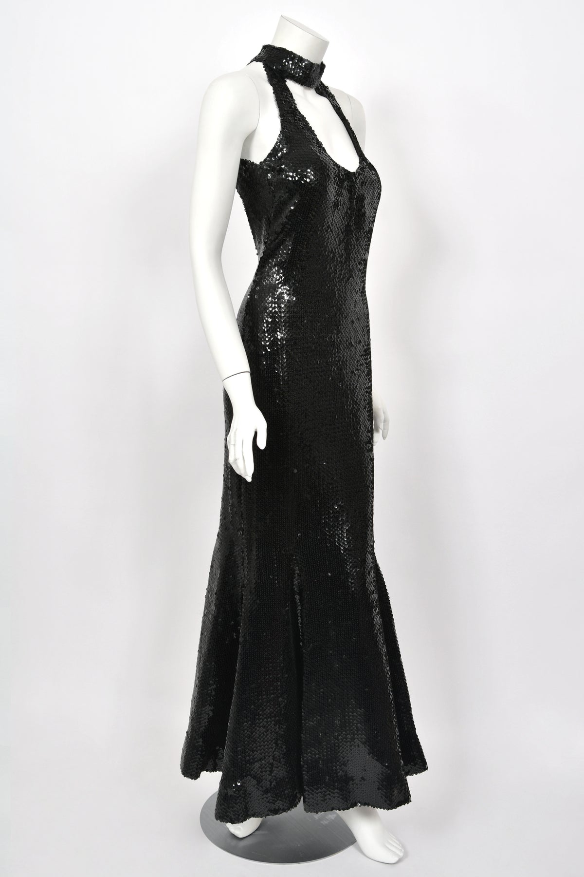 1973 Loris Azzaro Couture Black Fully Sequin Cut-Out Hourglass Mermaid Gown