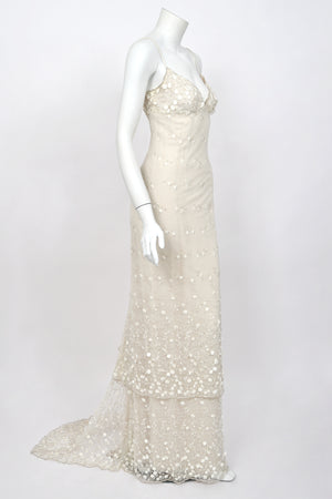 2004 Randi Rahm Couture Embroidered Metallic Ivory Lace Appliqué Trained Slip Gown