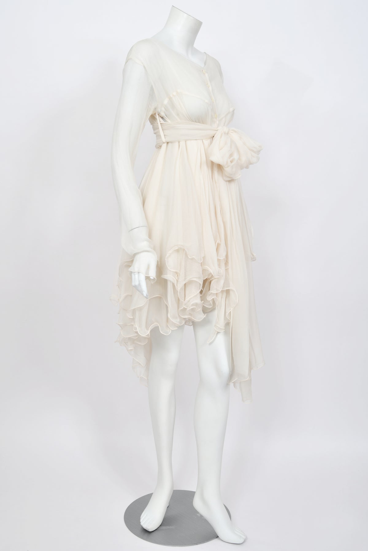1991 Dolce &amp; Gabbana Runway Ivory Silk Belted Sash Tiered Babydoll Mini Dress