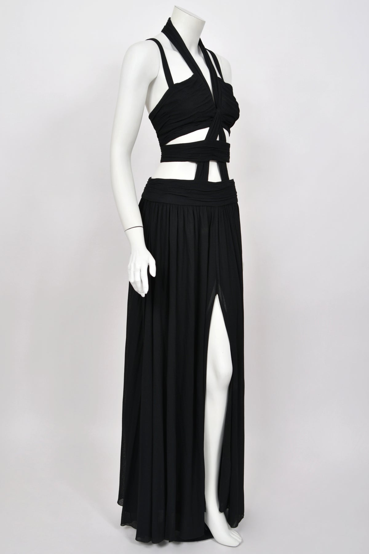 1995 Chanel by Karl Lagerfeld Iconic Runway Campaign Black Cut-Out High Slit Maxi Dress