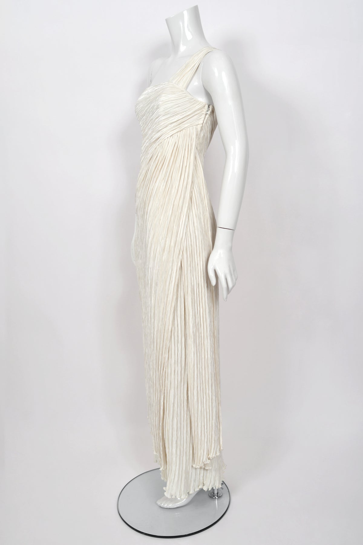 1983 Mary McFadden Ivory Heavily Pleated Asymmetric One-Shoulder Draped Goddess Gown