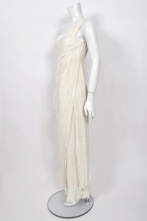 1983 Mary McFadden Ivory Heavily Pleated Asymmetric One-Shoulder Draped Goddess Gown