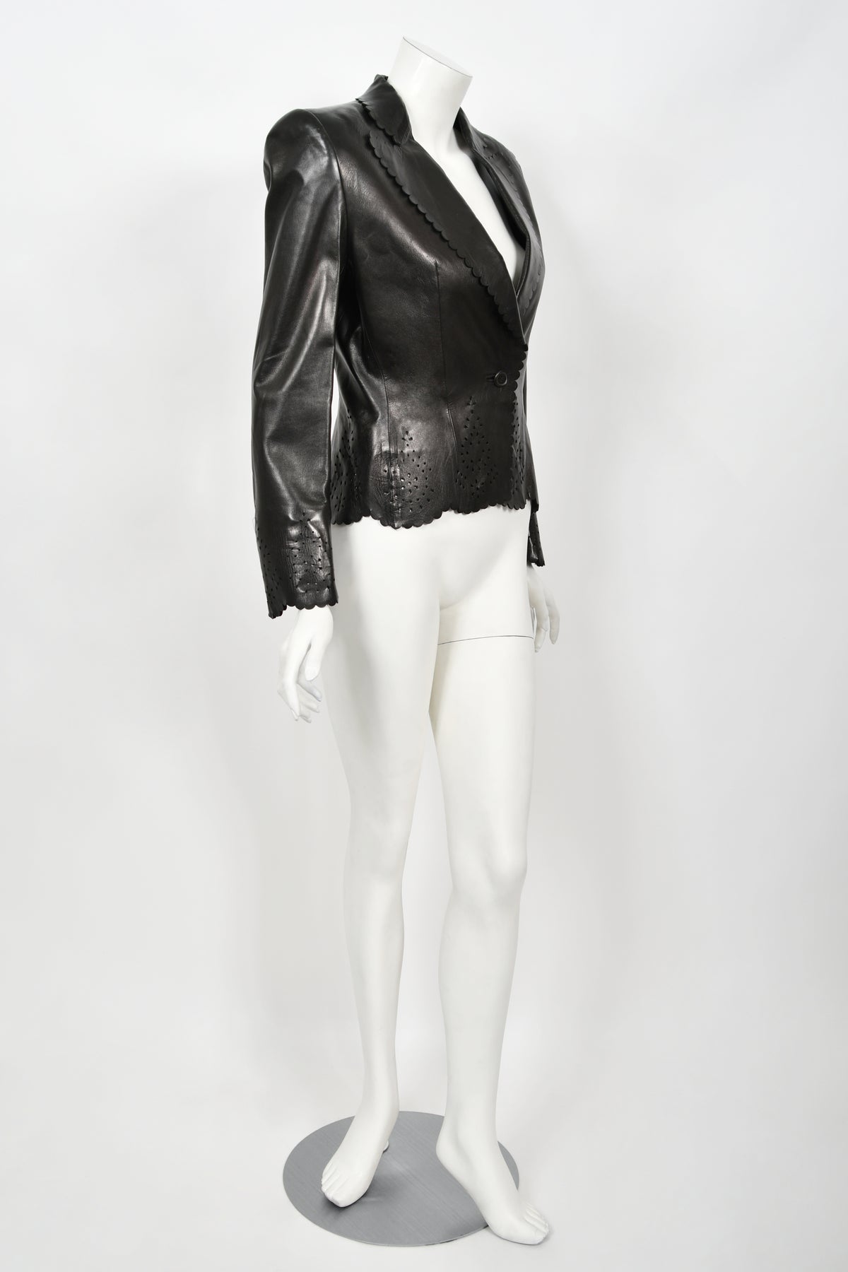 1997 Alexander Mcqueen for Givenchy Runway Black Leather Cutwork Blazer Jacket