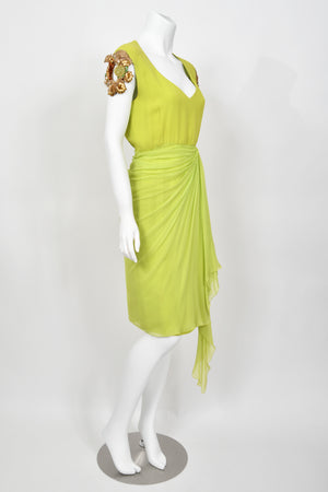 1991 Christian Dior by Gianfranco Ferré Chartreuse Silk Metallic Beaded Draped Dress