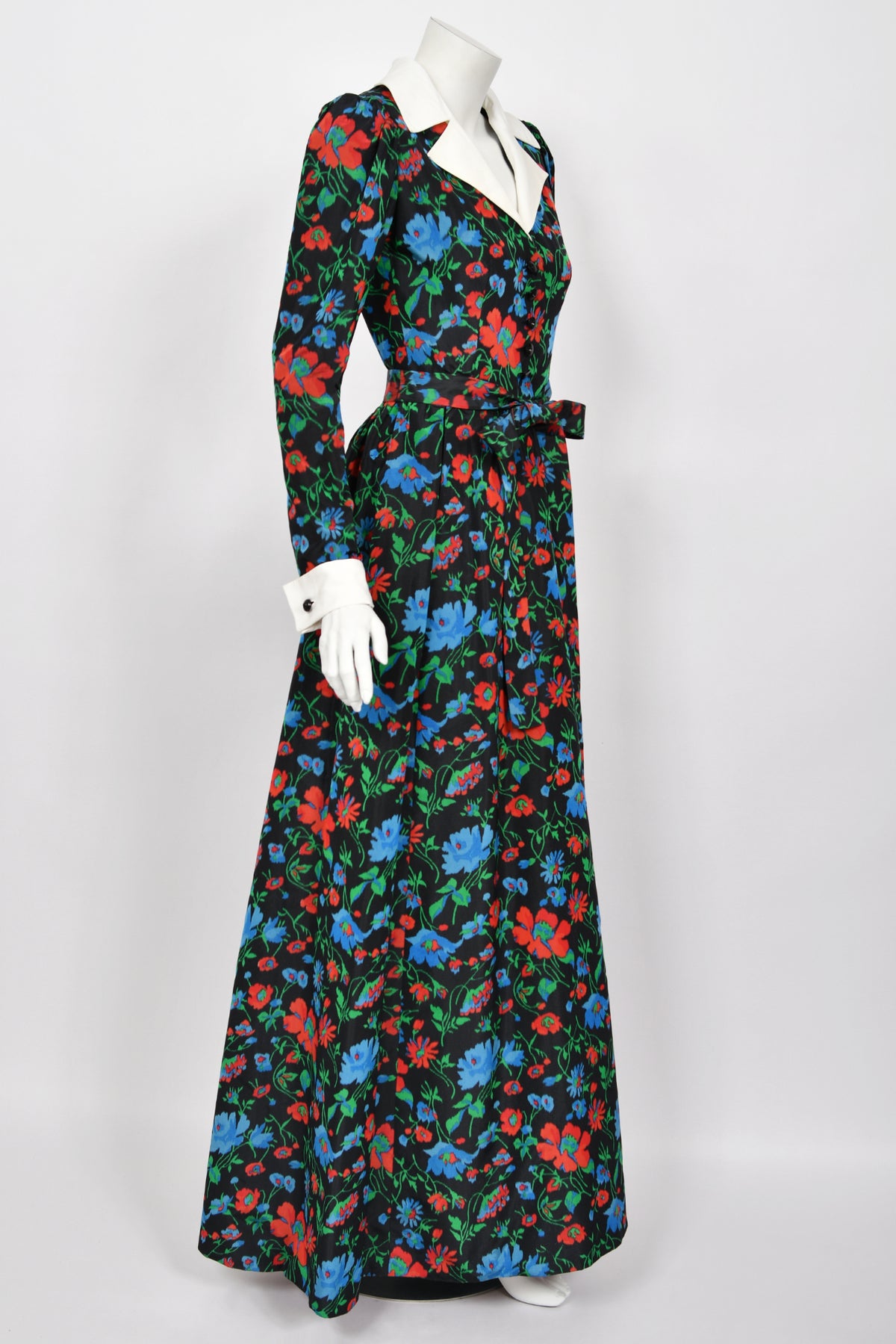 1972 Yves Saint Laurent Haute Couture Documented Floral Silk Collar Cuff Gown