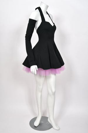 1992 Dolce & Gabbana Runway Black Stretch Cotton & Lilac Tulle Halter Mini Dress w/ Gloves