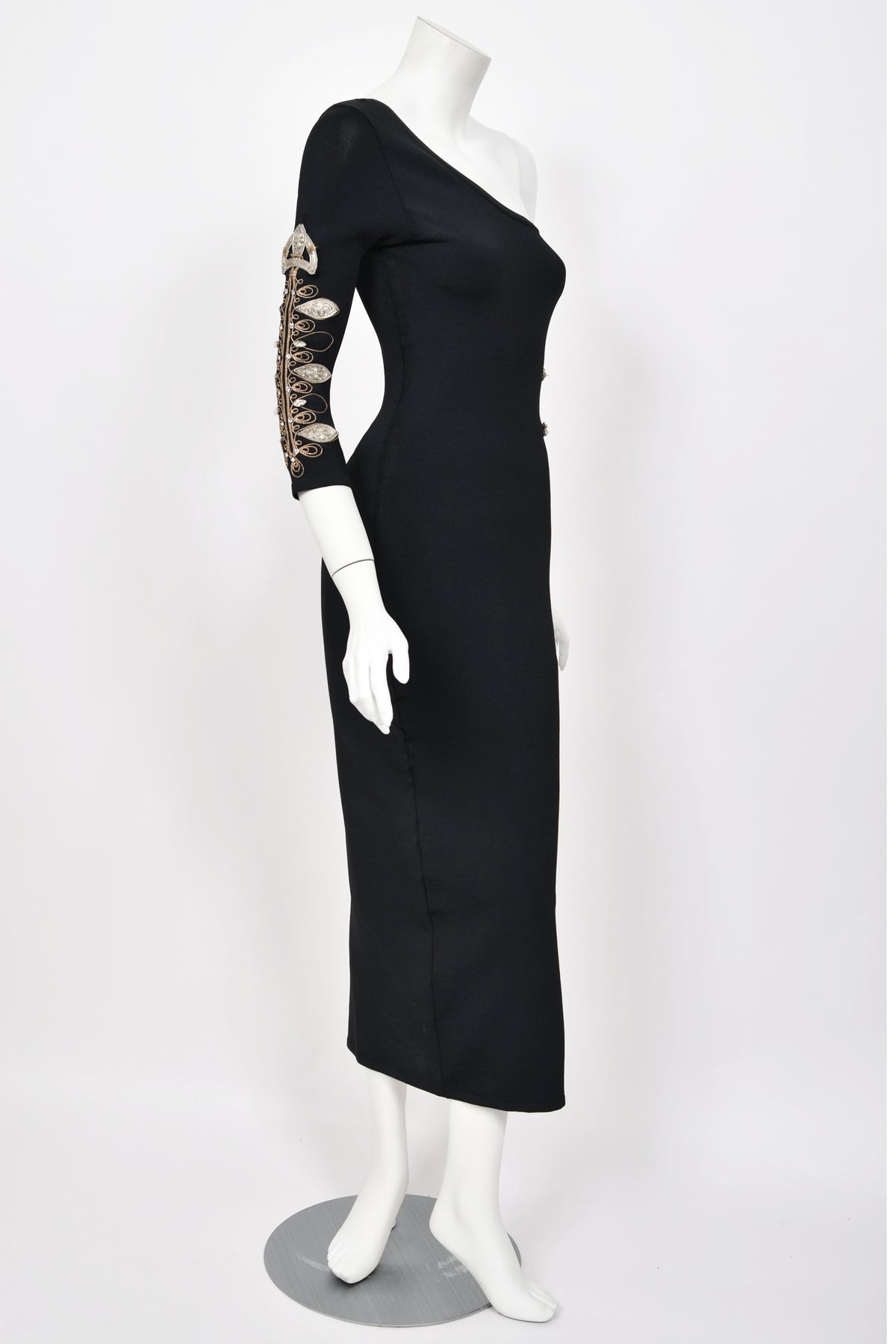 1994 Christian Dior Runway Metallic Embroidered Black Stretch Silk One-Sleeve Hourglass Dress