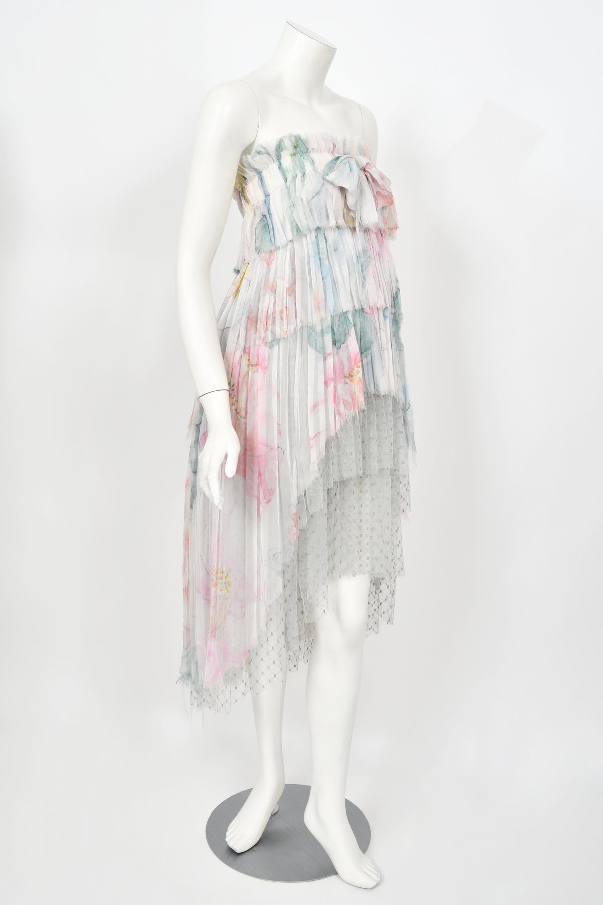 2013 Chanel by Karl Lagerfeld Pastel Floral Silk &amp; Sheer Tulle Strapless Dress