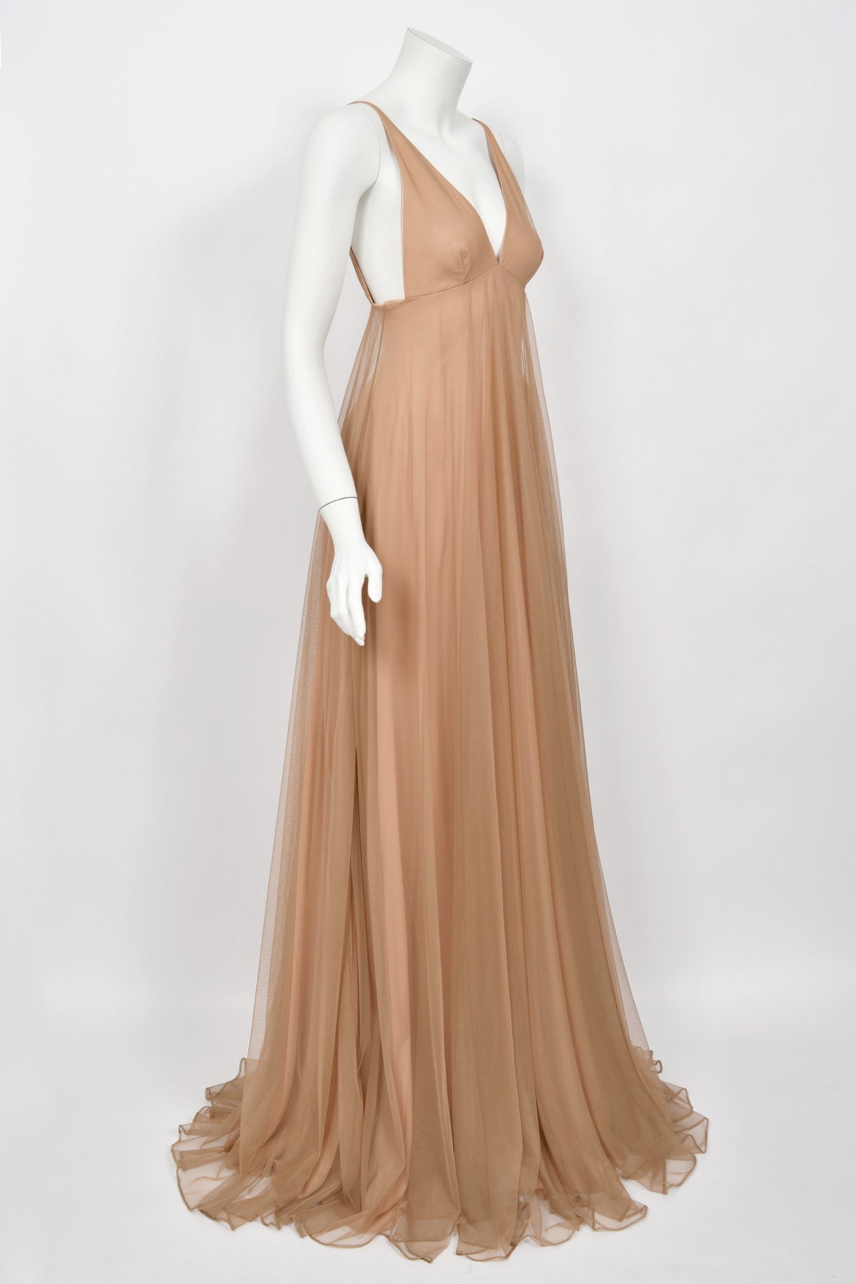 1998 Tom Ford for Gucci Runway &#39;Gisele&#39; Nude Illusion Tulle Low-Cut Plunge Gown