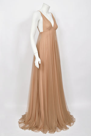 1998 Tom Ford for Gucci Runway 'Gisele' Nude Illusion Tulle Low-Cut Plunge Gown