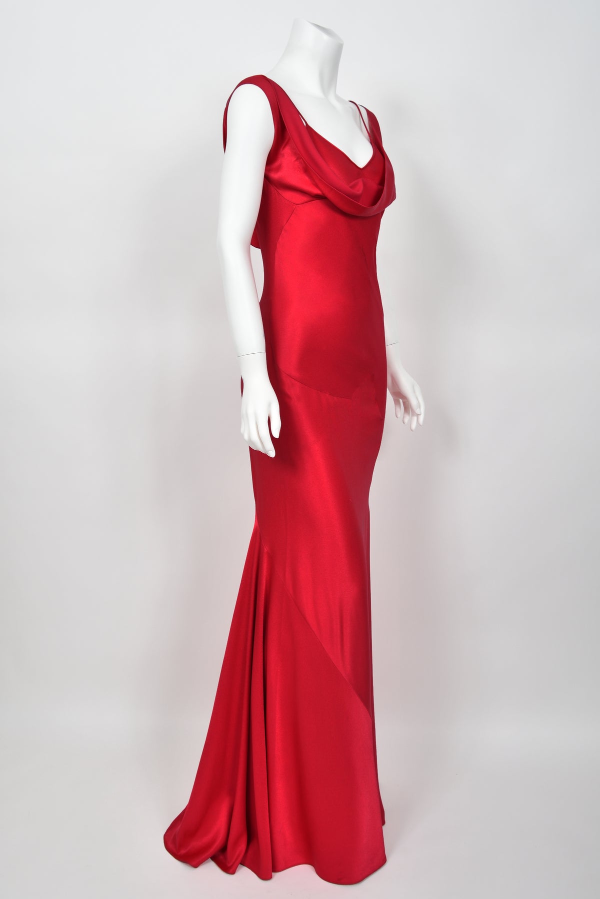 1994 John Galliano Ruby Red Off Shoulder Bias-Cut Gown Worn by Raquel Welch