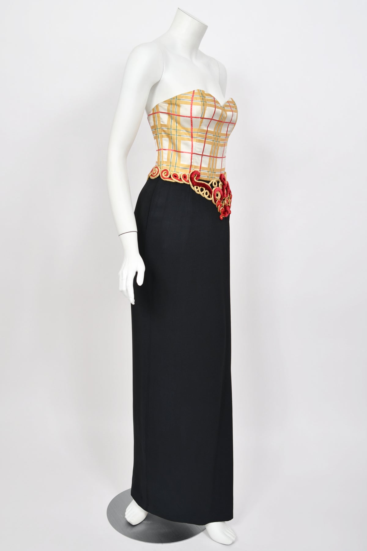 1995 Christian Dior by Ferré Plaid Silk Metallic-Corded Strapless Gown