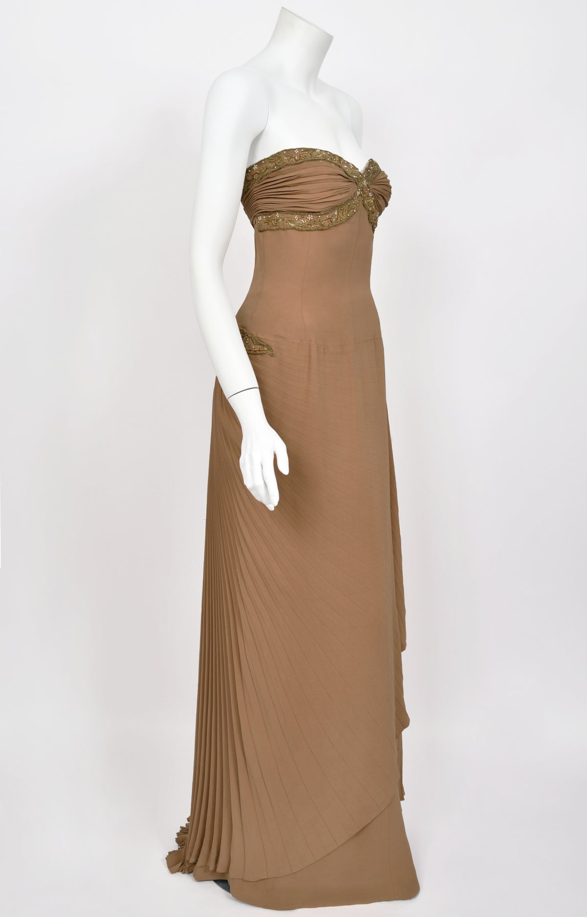 1950&#39;s Germana Marucelli Italian Couture Mocha Silk Pleated Strapless Gown