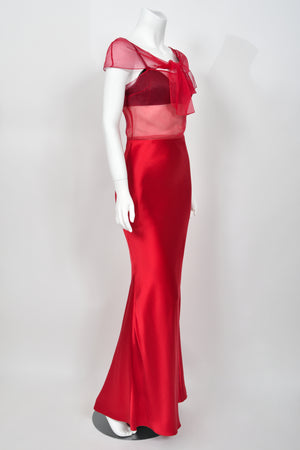 2010 Christian Dior by John Galliano Ruby Red Silk Sheer Black Bra Bias-Cut Gown