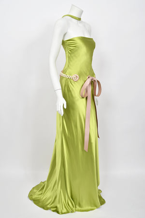 2005 Valentino Runway Chartreuse Silk Draped-Pearls Reverse Halter Glamour Gown