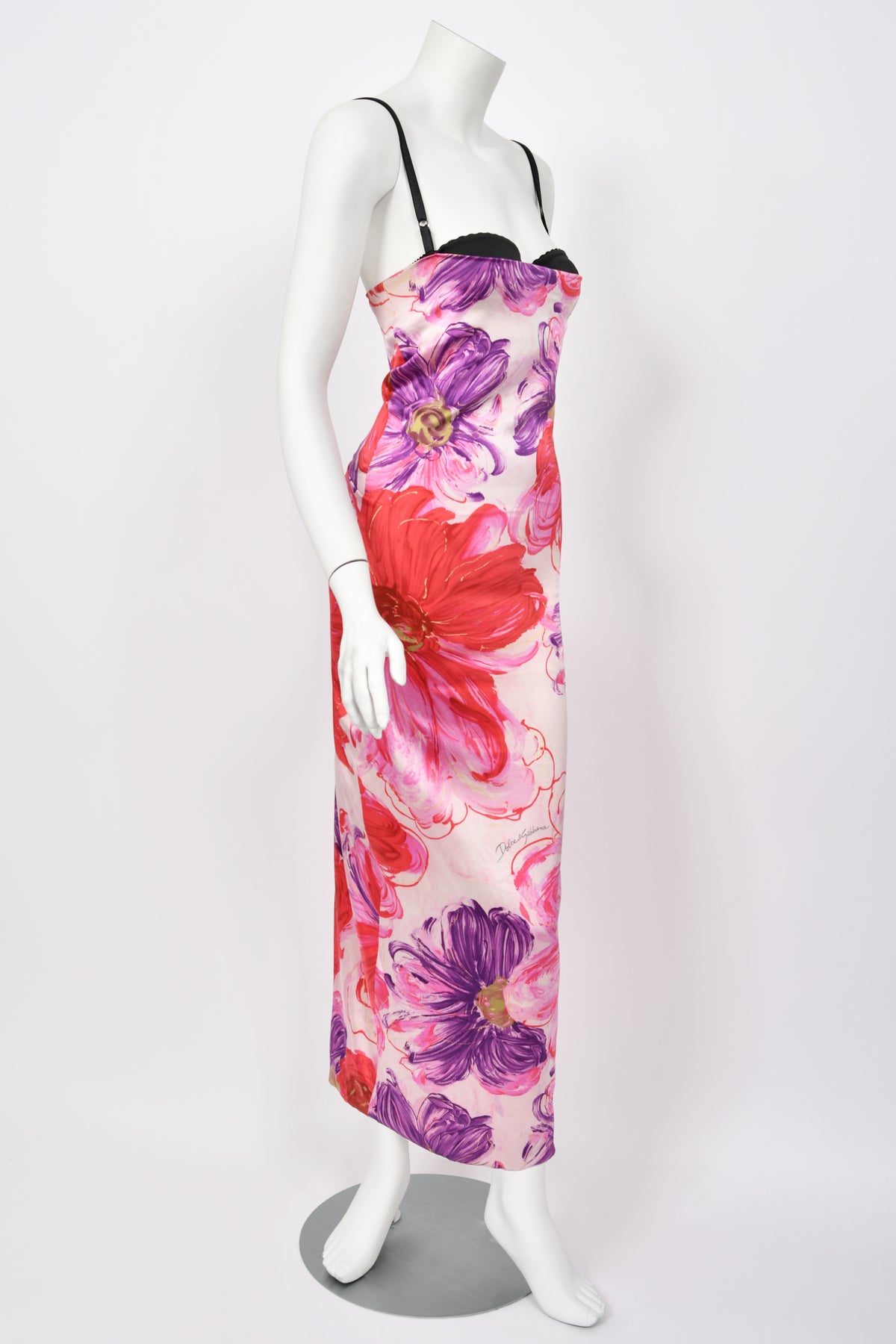 2001 Dolce &amp; Gabbana Floral Stretch Silk Built-In Bra Hourglass Slip Dress