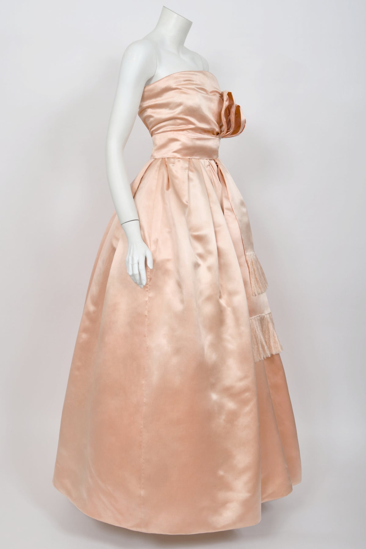 1958 Christian Dior by Yves Saint Laurent Documented Blush-Pink Silk Strapless Corset Gown