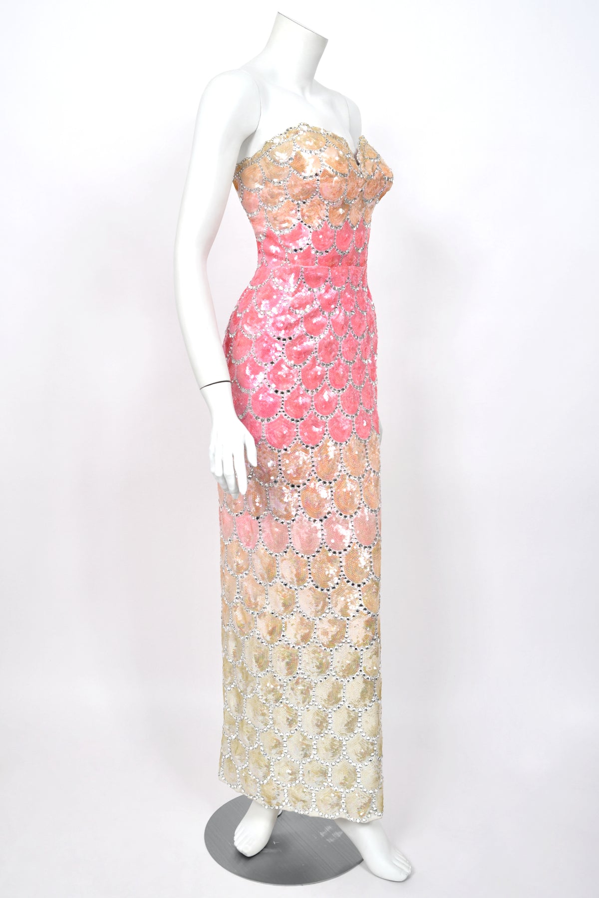 1950's Custom Couture Fully Sequin Pink Ombré Rhinestone Hourglass Gown w/ Gloves