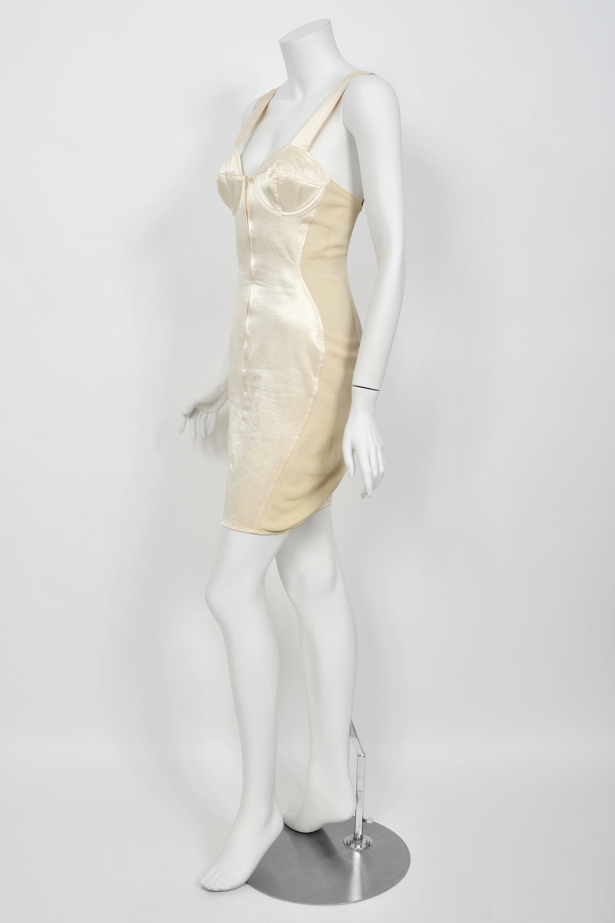 1988 Jean Paul Gaultier Cream Stretch Satin Cone Bra Bustier Corset Mini Dress