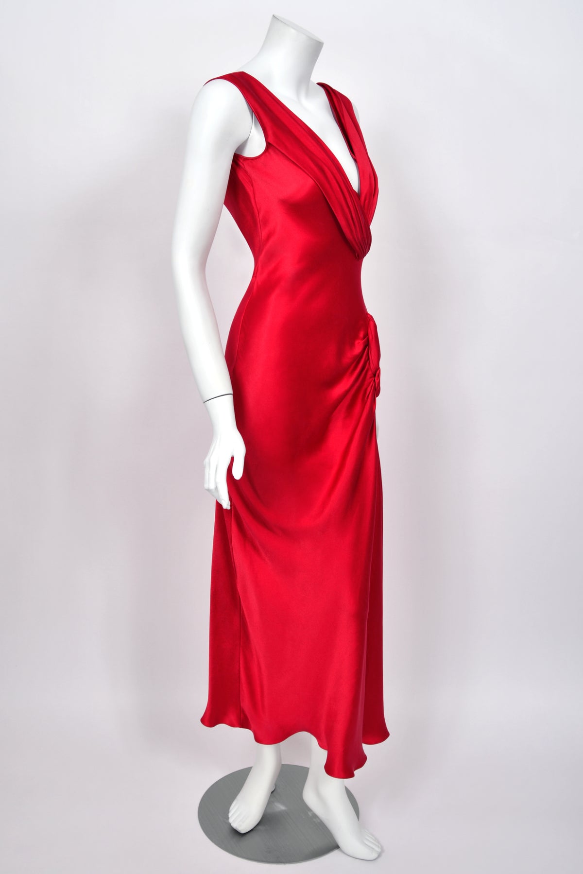 2003 Christian Dior by John Galliano Ruby Red Silk Low Cut Draped High Slit Bias-Cut Dress