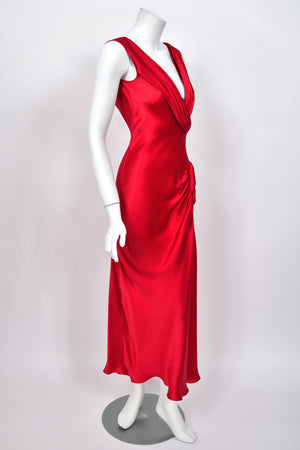 2003 Christian Dior by John Galliano Ruby Red Silk Low Cut Draped High Slit Bias-Cut Dress