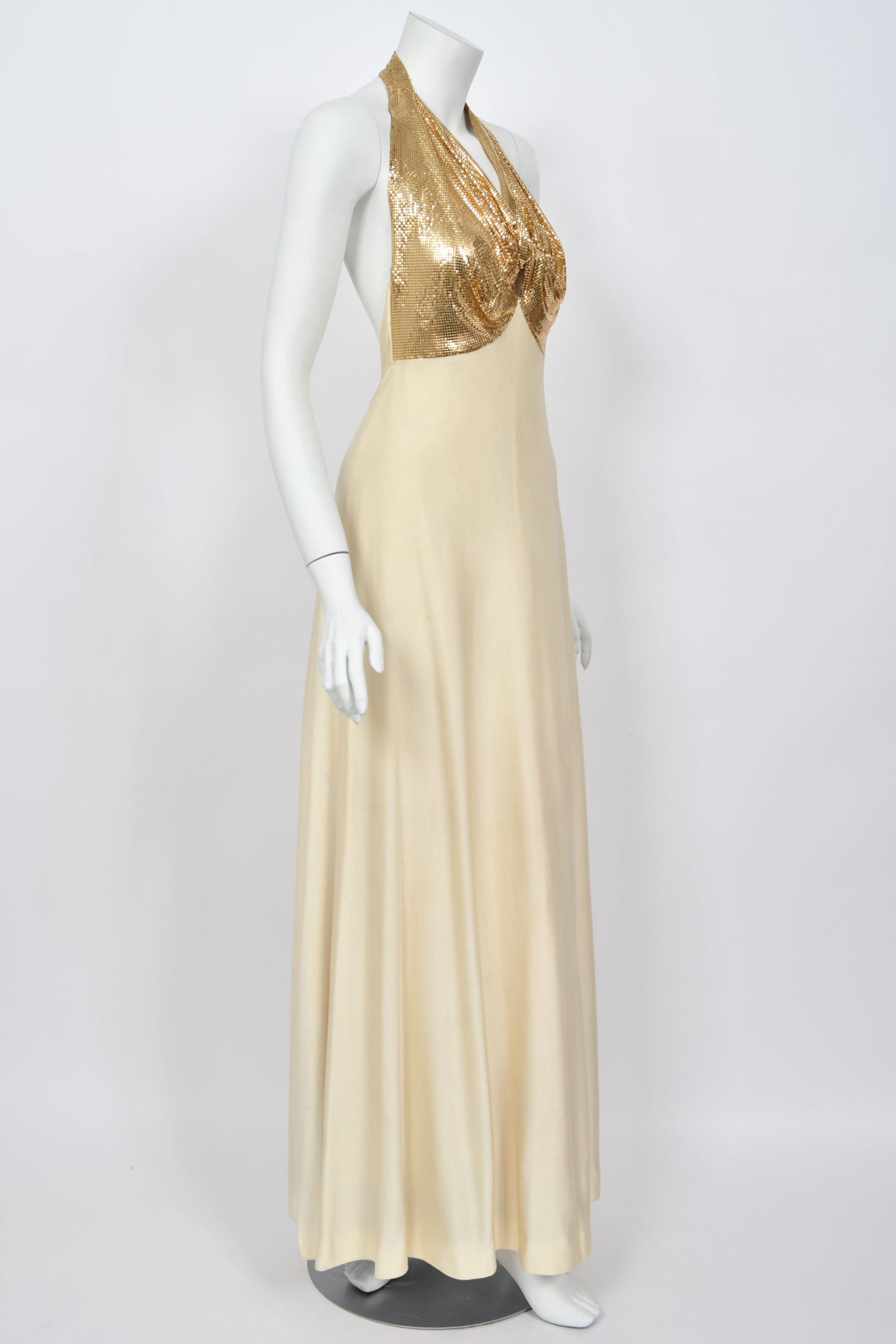 1972 Loris Azzaro Couture Ivory Silk-Jersey &amp; Gold Metal Mesh Backless Gown w/ Cape