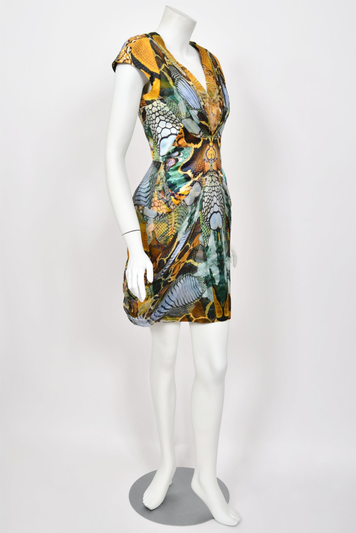 2010 Alexander McQueen &#39;Plato&#39;s Atlantis&#39; Collection Colorful Print Silk Sculpted Mini Dress