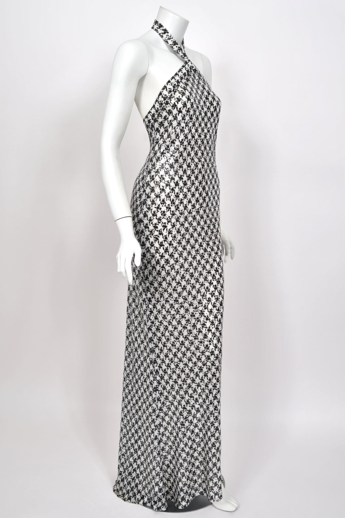 1984 Chanel by Karl Lagerfeld Black & White Sequin Houndstooth Silk Bias-Cut Halter Gown